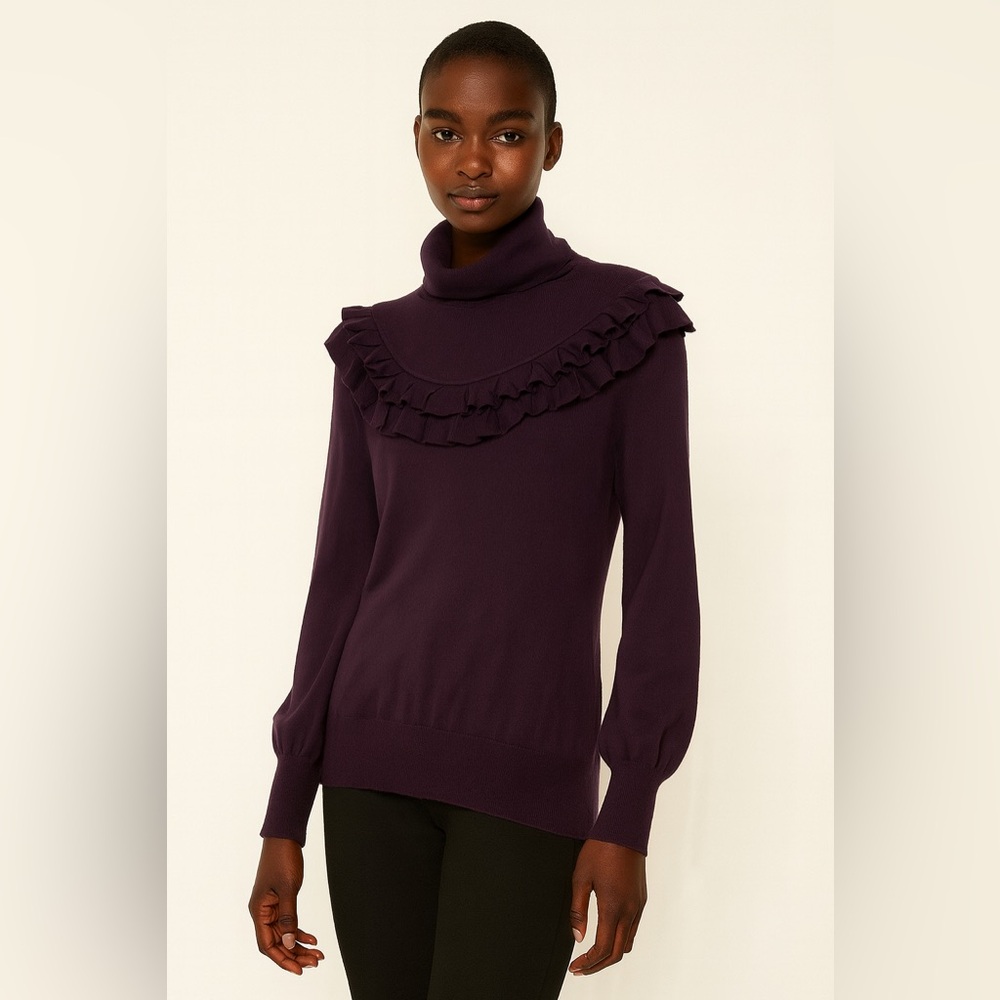 Reiss Silk and Angora Olivia Deep Purple Ruffle Turtleneck Sweater
